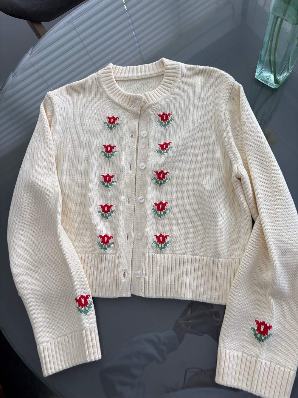 Cream Floral Knit Button-Up Cardigan Sweater - Red Tulip Detail